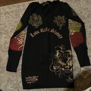 Ed Hardy Black Tee with Gold and Green Accents